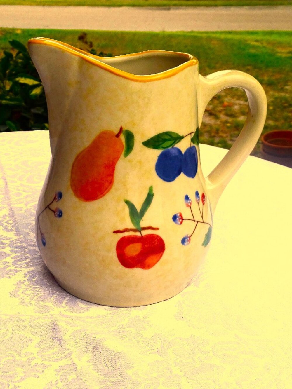 Longaberger Large Pitcher Fruit Medley Pottery 9"